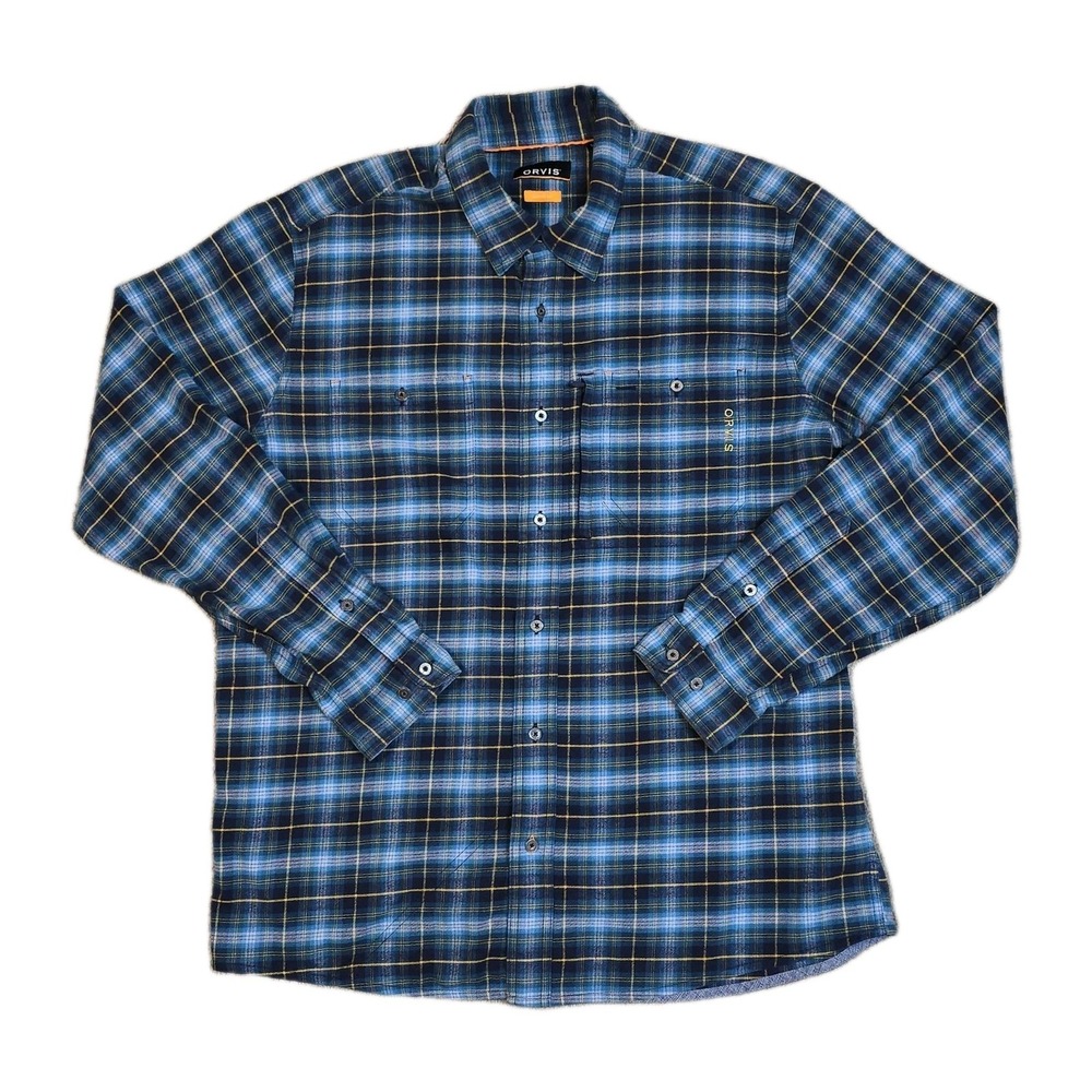 Orvis Active Fit Mens Shirt L Blue Plaid Long Sleeve Button Up Zip Pocket EUC